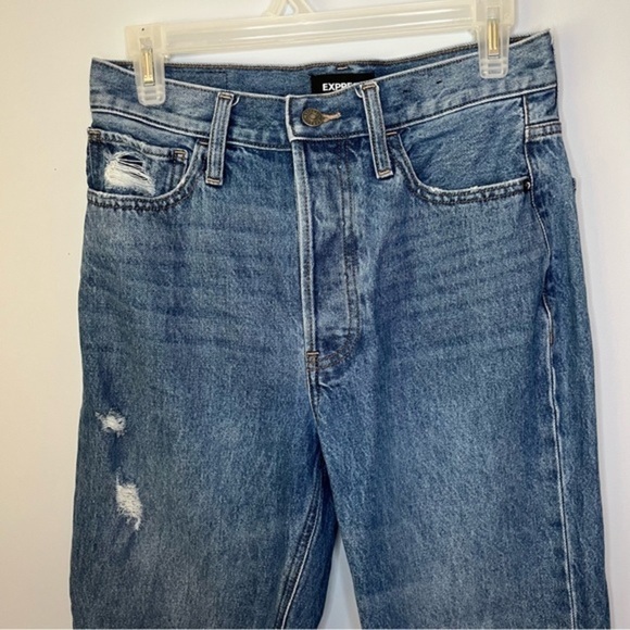 Express High Rise Medium Wash Cropped Distressed Button Fly Dad Jeans Size 4R - Picture 5 of 15